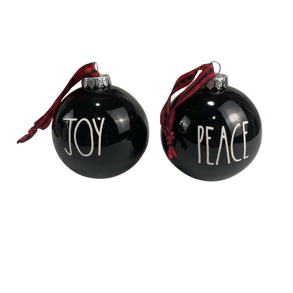 Rae Dunn PEACE & JOY Black Ceramic Hanging Christmas Ornament Balls